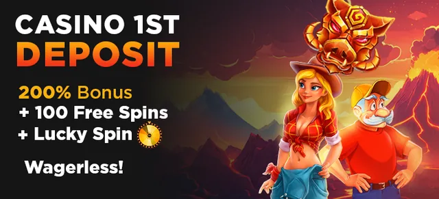 Bannière de BoomingSlots pour le premier dépôt avec bonus : texte « Casino 1st deposit », 200 % de bonus, 100 free spins, Lucky Spin et mention Wagerless, avec les mêmes personnages que la bannière à 250 tours