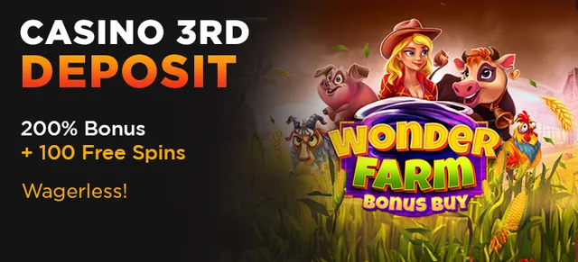 Bannière de BoomingSlots pour le troisième dépôt : texte « Casino 3rd deposit », 200 % de bonus, 100 free spins et mention Wagerless, logo Wonder Farm Bonus Buy devant des champs de maïs