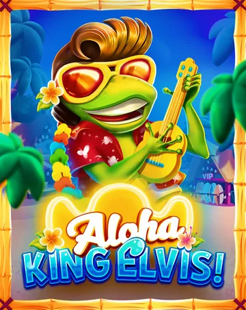 Couverture officielle d’Aloha King Elvis (BGaming) : une grenouille verte en chemise à fleurs et lunettes de soleil qui joue de l’ukulélé, cadre de bambou, titre bleu et blanc