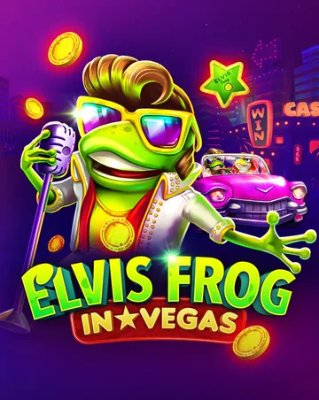 Couverture officielle d’Elvis Frog in Vegas (BGaming) : une grenouille verte en costume blanc et lunettes de soleil, micro en main, devant une voiture rose et des pièces d’or, titre vert et jaune