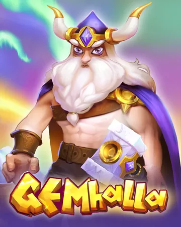 Couverture officielle de Gemhalla (BGaming) : un guerrier viking barbu au casque à cornes et à la cape violette, titre en lettres de pierre dorées
