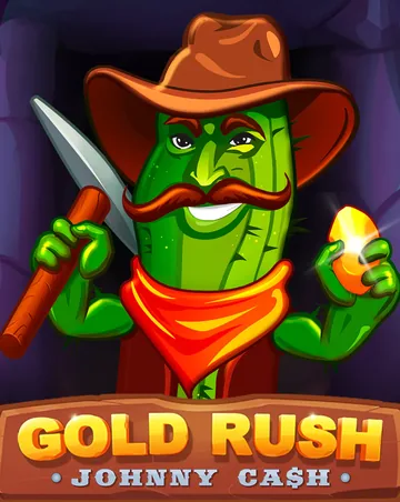 Couverture officielle de Gold Rush with Johnny Cash (BGaming) : un cactus en chapeau de cowboy et foulard orange, une pioche dans une main et une pépite dans l’autre, titre sur un panneau de bois
