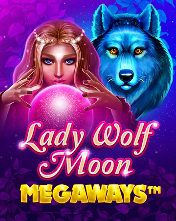 Couverture officielle de Lady Wolf Moon Megaways (BGaming) : une femme aux mains autour d’une boule rose lumineuse et un loup bleu sur un ciel étoilé violet, titre en lettres roses et or