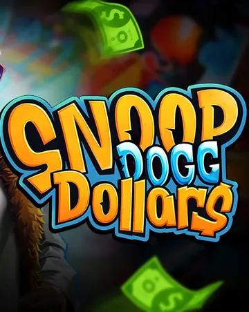 Couverture officielle de Snoop Dogg Dollars (BGaming), recadrée sur le titre : lettres orange et bleues sur un fond sombre, billets de dollars qui volent