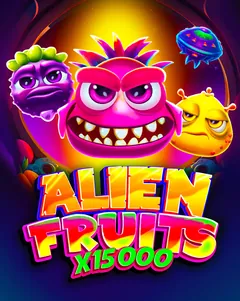 Couverture officielle d’Alien Fruits (BGaming) : trois créatures fruitées venues de l’espace, violette, rose aux grandes dents et jaune, au-dessus du titre en lettres multicolores
