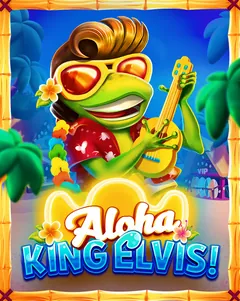 Couverture officielle d’Aloha King Elvis (BGaming) : une grenouille verte en chemise à fleurs et lunettes de soleil qui joue de l’ukulélé, cadre de bambou, titre bleu et blanc