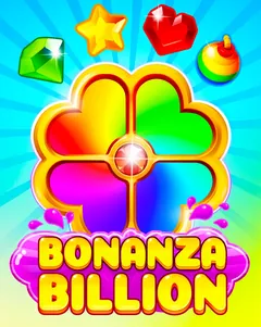 Couverture officielle de Bonanza Billion (BGaming) : un trèfle à quatre feuilles multicolore entouré d’étoiles, d’un cœur et de gemmes, sur un fond bleu ciel