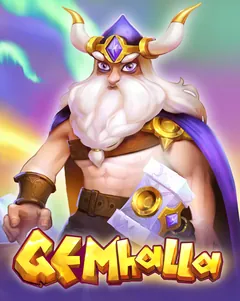 Couverture officielle de Gemhalla (BGaming) : un guerrier viking barbu au casque à cornes et à la cape violette, titre en lettres de pierre dorées