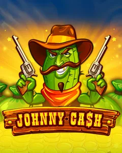 Couverture officielle de Johnny Cash (BGaming) : un cactus moustachu en chapeau de cowboy, un revolver dans chaque main, au-dessus d’une enseigne en bois et d’un tas de pièces d’or